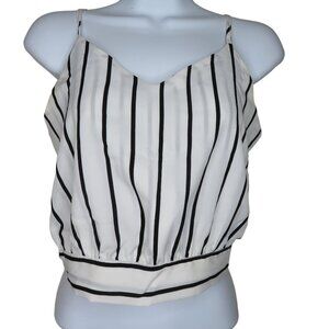 Black White Striped Crop Cami Tank Top S Adjustable Straps Open Back Tie Waist